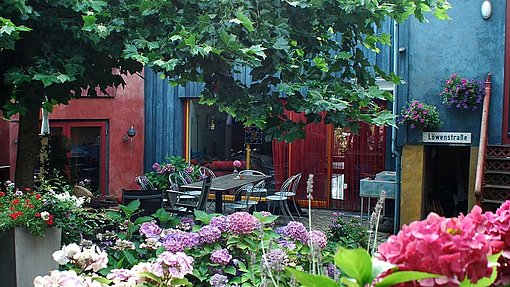 Hinterhof mit Baum und Blumen beim FSJ in Schleswig Holstein