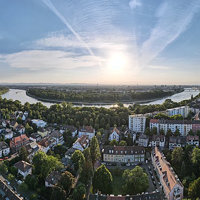 Rundblick über Häuserblöcke und Fluss beim FSJ in Mannheim