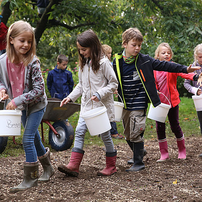 Kinder sähen Samen auf dem Feld im FSJ in der Schule