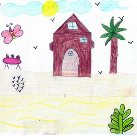 Emergency Pedagogy in Gaza A child’s drawing from Gaza showing a house, a tree, the sun and a butterfly