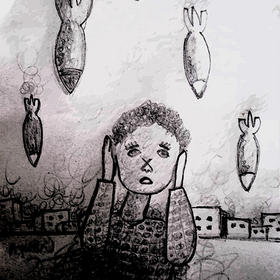 A painted picture shows a child covering its ears while bombs fall in the background.